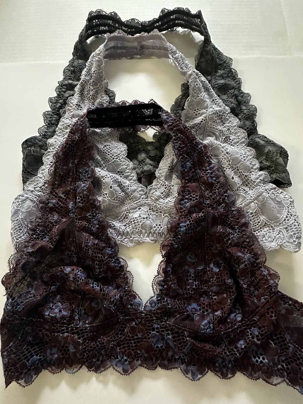 FreePeople Lace Halter Bralette Trio in floral Brown, Lavender, and Dark Gray